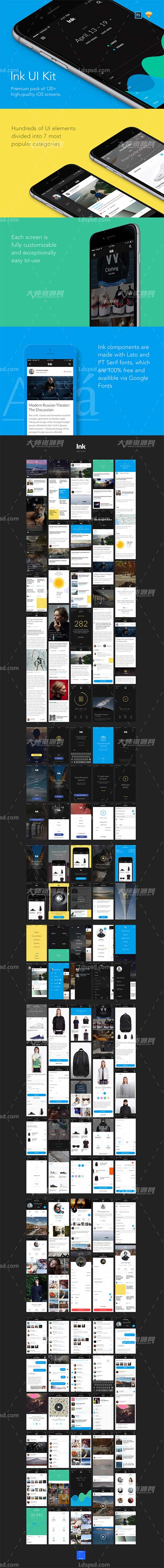 Ink UI Kit - 120+ iOS screens,UI素材－手机程序界面(全套124个PSD)